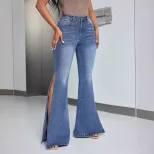 High Waisted Flared Jeans Slim Fit Split Hem Stretch Denim Casual Wear for Women Wholesale Avail