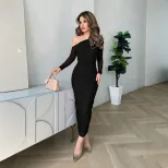 Asymmetrical Shoulder Long Sleeve Dress Ruched Waist Bodycon Fit Elegant Black Mesh Fabric