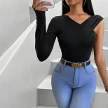 Womens V Neck Long Sleeve T Shirt Slim Fit Asymmetrical Design Lightweight Fabric Spring Summer