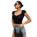 V Neck Ruched Slim Fit T Shirt Stretchy Cropped Solid Color Short Sleeve Summer Casual Wear Whol