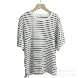 Womens Striped Cotton T Shirt Loose Fit Long Sleeve Split Hem Casual Spring Summer Style Wholesa