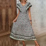 Vintage Bohemian Ruffle Hem V Neck Printed Dress Elegant Design Comfortable Fabric Perfect for S