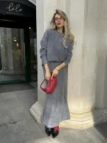 Elegant Soft Thick Round Neck Sweater and Mermaid Skirt Set Womens OL Style Autumn Winter Fashio