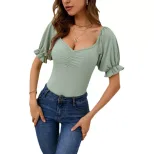 V Neck Puff Sleeve Knit Top Slim Fit Waist Cinching Elegant Style Perfect for Office Wear Wholes