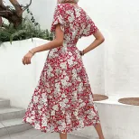Floral Print V Neck Dress for Women Summer Casual Style Lightweight Fabric Available in Red Wholesale Options