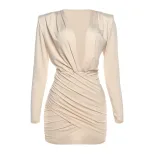 Fashionable Long Sleeve Bodycon Dress Solid Color Pleated Deep V Neck Sexy Autumn Winter Wear Wh