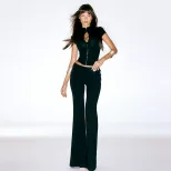 Slim Fit Solid Color Half High Neck Short Sleeve Top with Low Waist Flare Pants Trendy Two Piece