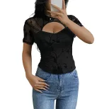 Lace Trimmed Short Sleeve Top Hollow Out Design Velvet Mesh Fabric Trendy Style Perfect for Casu