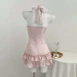 Polka Dot V Neck Cake Dress Bow Tie Neckline Waist Defined Womens Fashion Perfect for Parties an