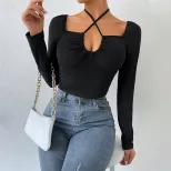 Womens Knit Long Sleeve Top Sexy Hollow Out Lace Up Design Slim Fit Autumn Winter Fashion Wholes