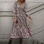 Vintage Inspired Long Sleeve V Neck Dress Abstract Print Casual Vacation Ready Wholesale Availab