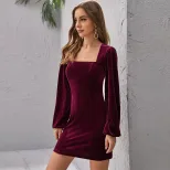 Velvet A Line Dress for Women Long Sleeve Square Neck Backless Slim Fit Short Length Perfect for