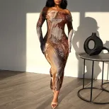 Vintage Floral Print Off Shoulder Long Sleeve Bodycon Dress Double Layer Collar Sexy Fit Perfect
