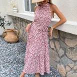 Floral Midi Dress Slim Fit Halter Neck Romantic Style Perfect for Vacation or Casual Outings Who