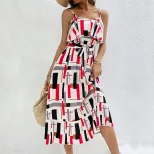 Elegant Ruffled Hem Geometric Print Maxi Dress Colorful Trendy Sleeveless Perfect for Summer Eve