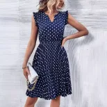Polka Dot Ruffled Dress V Neck Short Sleeve Lightweight Fabric Casual Summer Wear Wholesale Avai