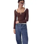 Modal Knit Long Sleeve Womens T Shirt Slim Fit U Neck Button Detail Casual Wear Spring Fall Whol