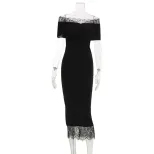 French Style Elegant Long Dress Lace Panel Solid Color Puff Sleeve Perfect for Formal Events Who