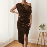 Velvet One Shoulder Dress Slim Fit Side Slit Elegant Design Spring Summer Party Gown Wholesale A