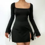 Red A Line Dress Square Neck High Waist Short Length Split Design Spring Summer Casual Wear Whol