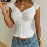 French Style White Sleeveless Top V Neck Single Breasted Waist Defining Ruffled Sleeves Casual S
