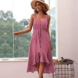 Cotton Linen Midi Dress Solid Color Romantic Sweet Summer Style Perfect for Casual Outings Whole