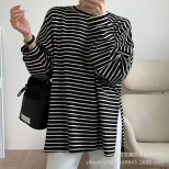 Womens Striped Loose Fit Cotton T Shirt Casual Long Sleeve Round Neck Side Slit Spring Summer Fa