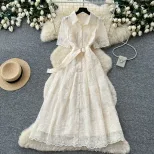 Embroidered Lace A Line Dress for Women Summer Fashion Elegant Fit and Flare Available in Red Apricot and Blue