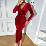 Red Velvet Midi Dress V Neck Elegant Design Autumn Winter Style Perfect for Parties and Events W