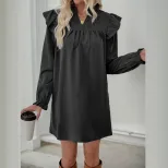 Long Sleeve Ruffle Hem Dress Loose Fit Solid Color Stand Collar Casual Wear Spring Fall Wholesal