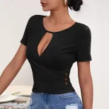 Womens Casual Short Sleeve T Shirt Sexy Hollow Out Design Button Detail Slim Fit Stylish Summer