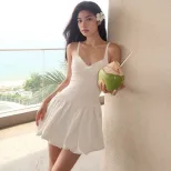 Summer Floral Puff Dress for Women Bow Tie Waist Slim Fit Beach Vacation Style Available in Mult