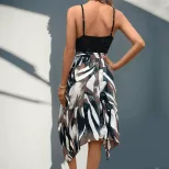 Elegant Womens Abstract Print Slip Dress Irregular Lace Paneling Perfect for Parties and Special