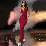 Summer Evening Dress Sexy Deep V Neck Sleeveless Open Back Fashionable for Parties and Events Wh
