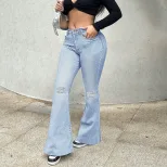 High Waisted Ripped Wide Leg Jeans Stretchy Fabric Versatile Style Trendy Design Casual Wear Who