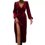 Velvet Midi Dress Elegant Burgundy Color Party Style Spring Summer Collection Wholesale Availabl