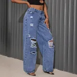 Womens Ripped Straight Leg Jeans Loose Fit Hip Hop Style Casual Wear Wholesale Available OEM ODM