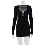 Bodycon Dress Sexy Deep V Neck Hollow Out Solid Color Shoulder Pads Nightclub Outfit Wholesale A