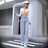 High Waisted Straight Leg Denim Pants Pocket Design Casual Style Womens Fashion Wholesale Availa