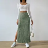 Elegant High Waisted Midi Skirt Simple Design Side Slit Slim Fit Spring Summer Womens Fashion Wh