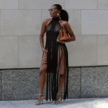 Womens Sheer Mesh Tank Top Halter Neckline Fringe Detail Summer Fashion