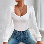 Womens V Neck Puff Sleeve T Shirt Slim Fit Lace Trim Fashionable Versatile Spring Summer Style W