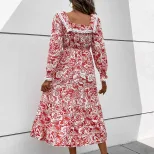 Red Floral Long Sleeve Dress Elegant Design Perfect for Valentines Day Spring and Autumn Wear Wh