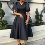 V Neck Flare Sleeve Dress Elegant A Line Silhouette Fashionable Design Perfect for Parties Whole