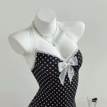 Lace Trim Polka Dot A Line Dress Adjustable Spaghetti Straps Waist Cinching Elegant Style Perfec