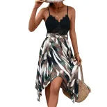 Elegant Womens Abstract Print Slip Dress Irregular Lace Paneling Perfect for Parties and Special