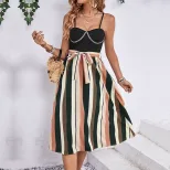 Fashionable Colorful Striped Spaghetti Strap Dress Slim Fit Chain Detail Trendy Design Perfect f