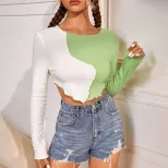Color Blocked Slim Fit Long Sleeve T Shirt Womens Fashion Top Versatile Casual Wear Ready to Shi