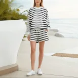 Womens Color Block Striped Sweatshirt Set Loose Fit Round Neck Long Sleeve Shoulder Cutout Short