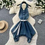 Sleeveless Summer Dress for Women Blue Ruffled Cake Style Casual Vacation Wear